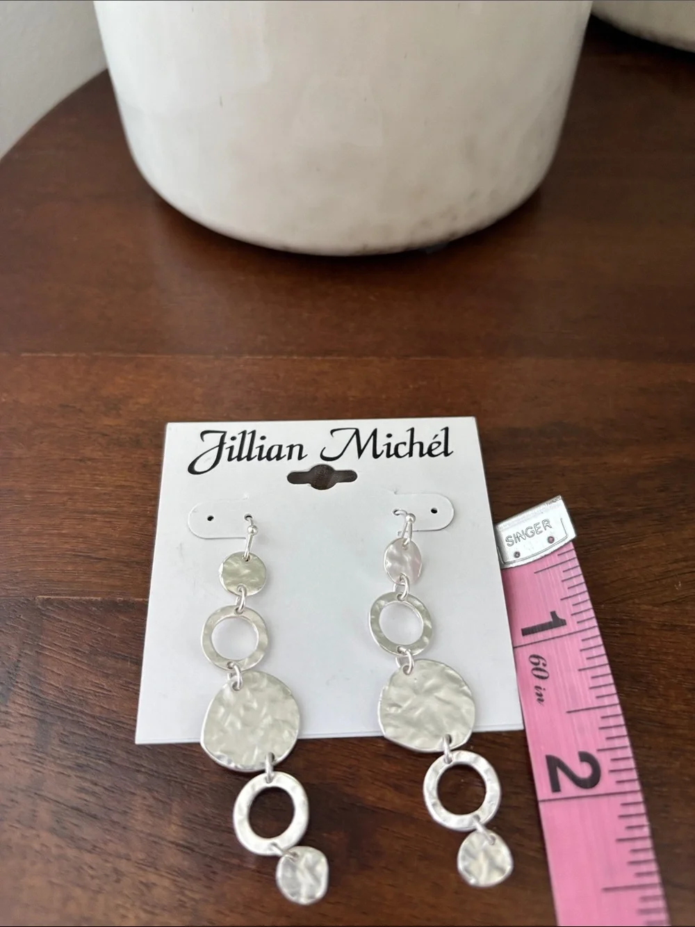 Jillian Michel hammered silvertone metal circular rings & discs,dangle,fishhook